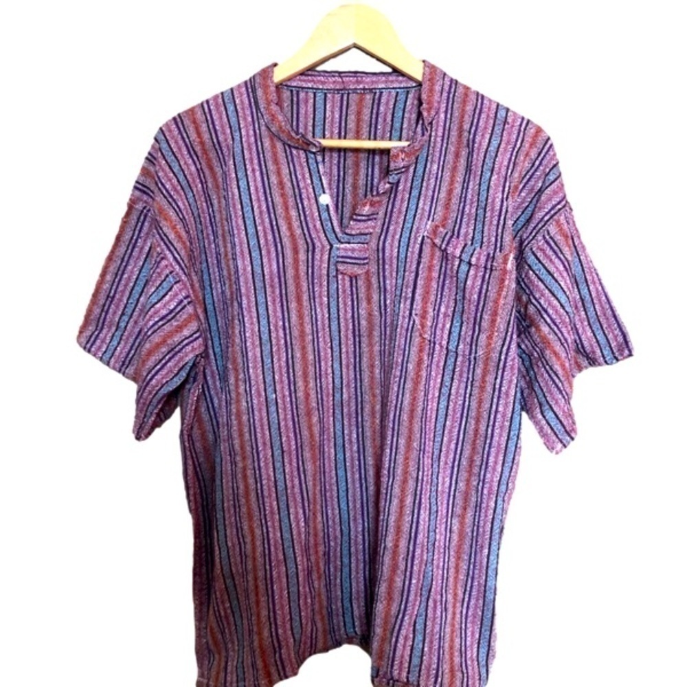 Vintage Boho Festival Baja Short Sleeved Pullover Round Collar Shirt Medium